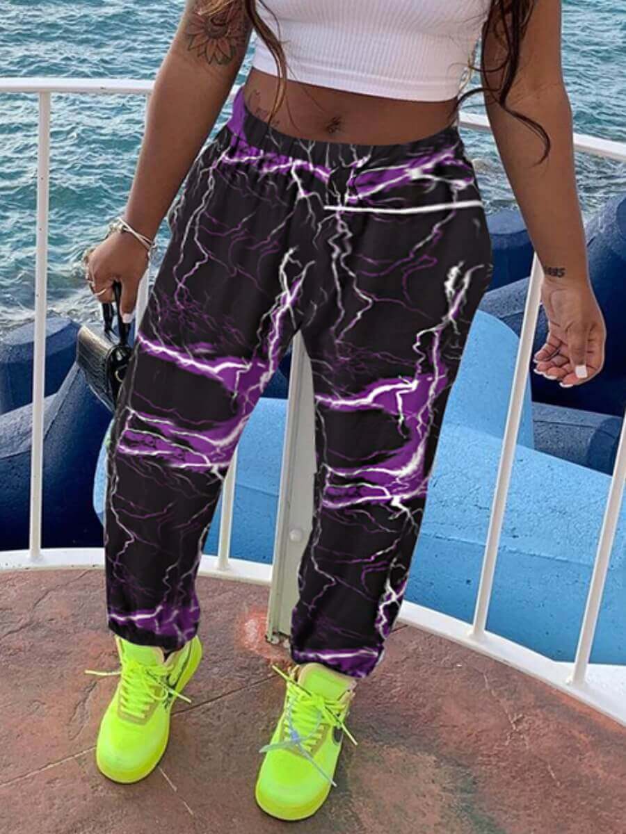 

Lovely Street Mid Waist Print Patchwork Purple Pants
