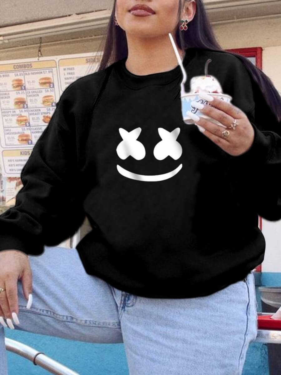 

Lovely Casual O Neck Smiley Face Print Black Hoodie