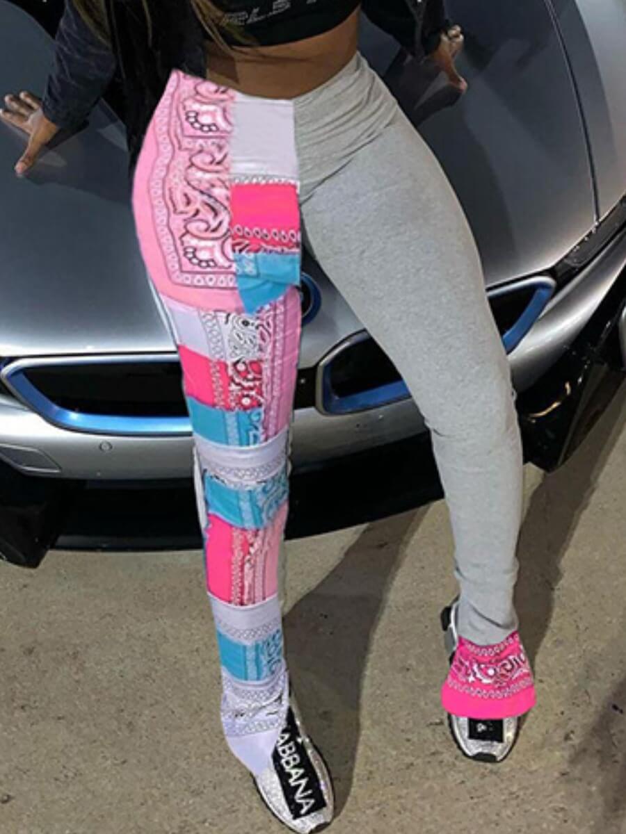 

Lovely Street Print Patchwork Side Slit Grey Pants