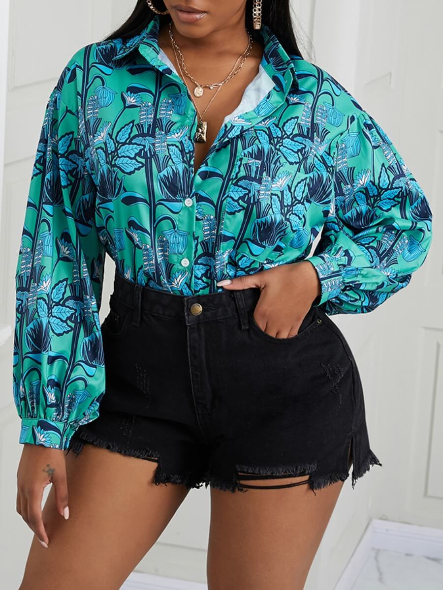 

Lovely Stylish Floral Print Patchwork Blue Blouse