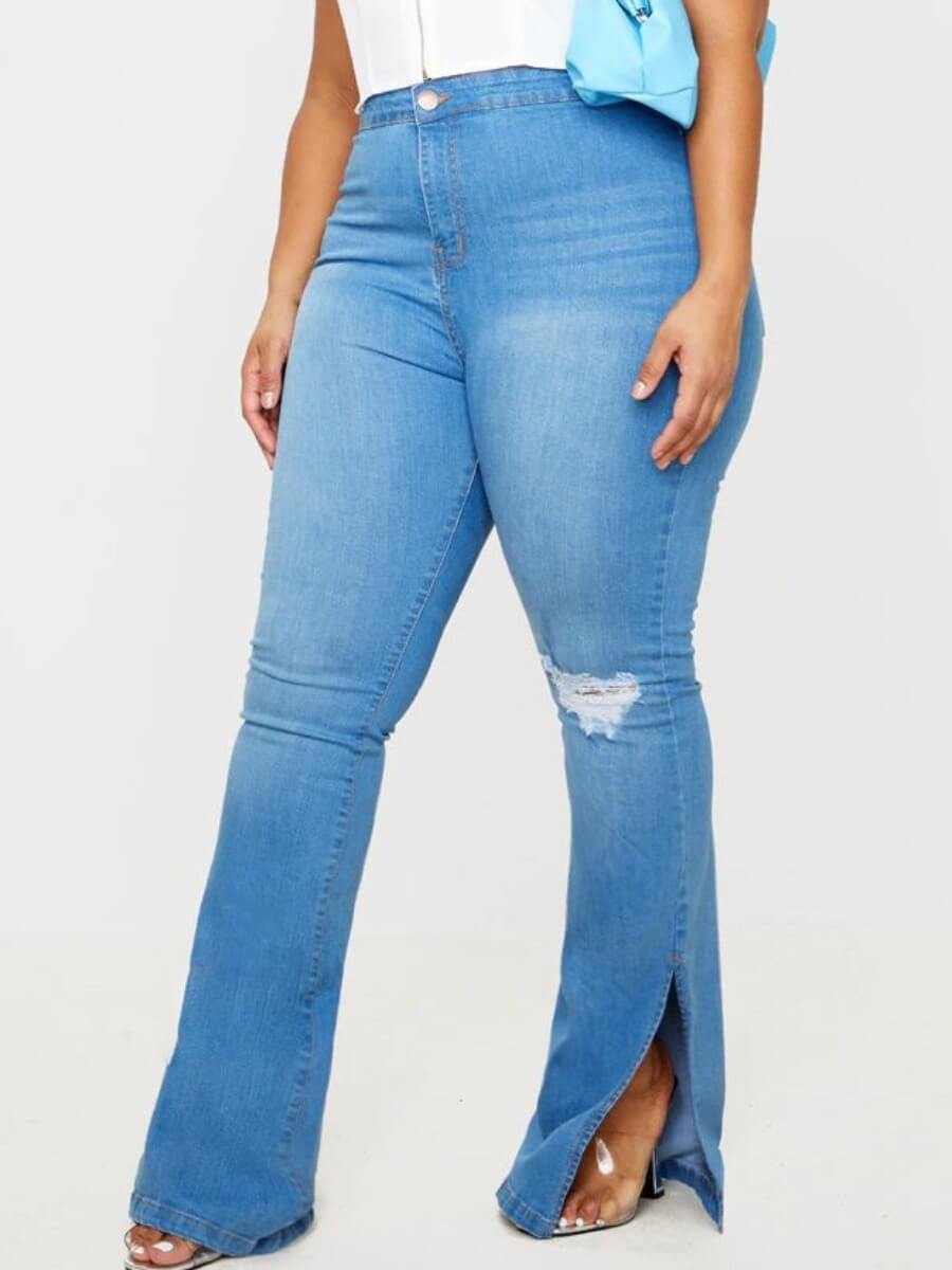 

Lovely Street Broken Holes Side Slit Baby Blue Plus Size Jeans