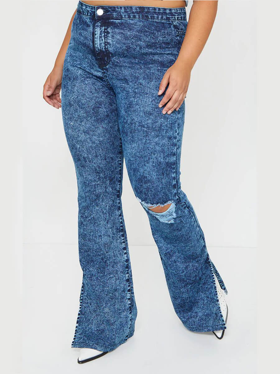 

Lovely Street Broken Holes Side Slit Deep Blue Plus Size Jeans