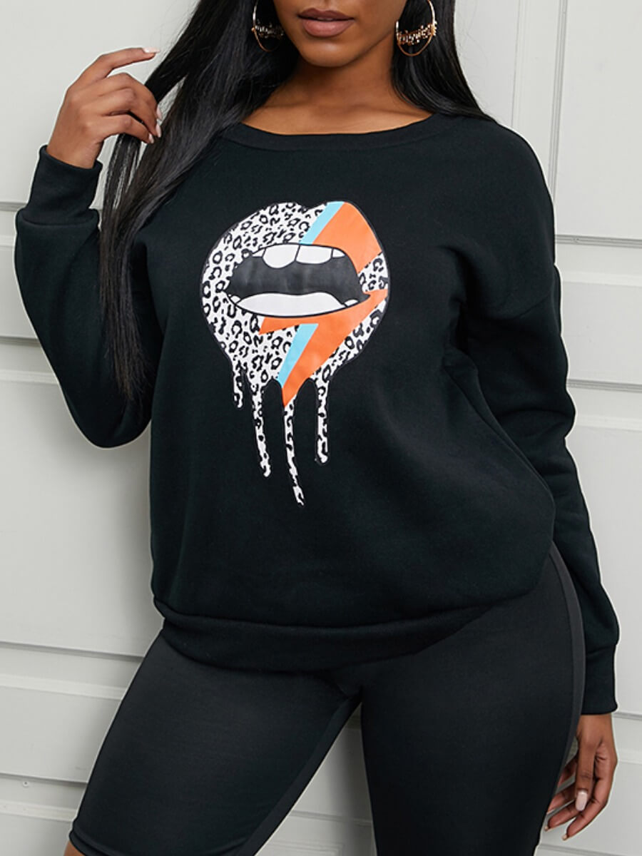 

Lovely Casual O Neck Lip Print Black Hoodie