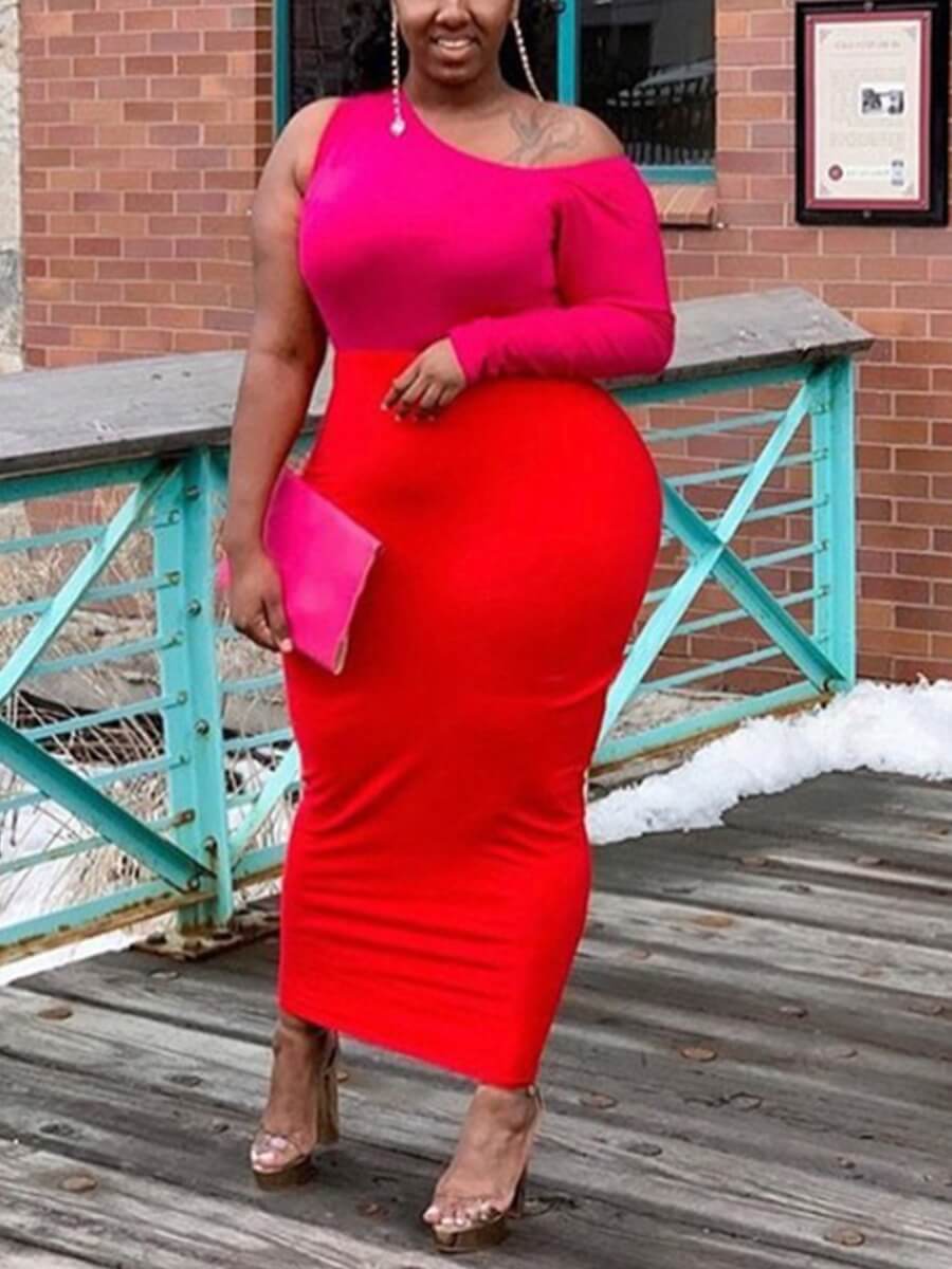 

Lovely Casual One Shoulder Patchwork Pink Ankle Length Plus Size Dress