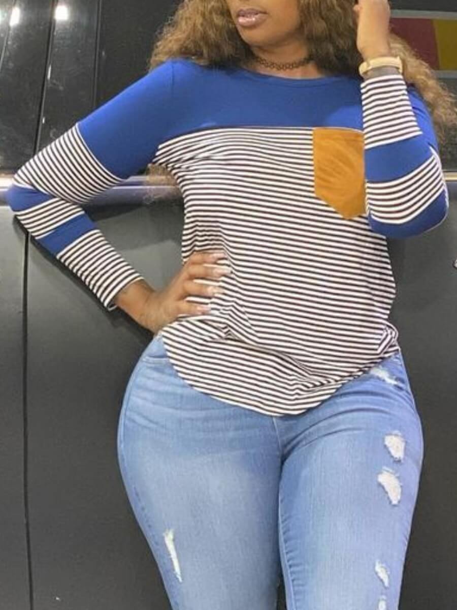 

Lovely Casual Striped Patchwork Blue T-shirt