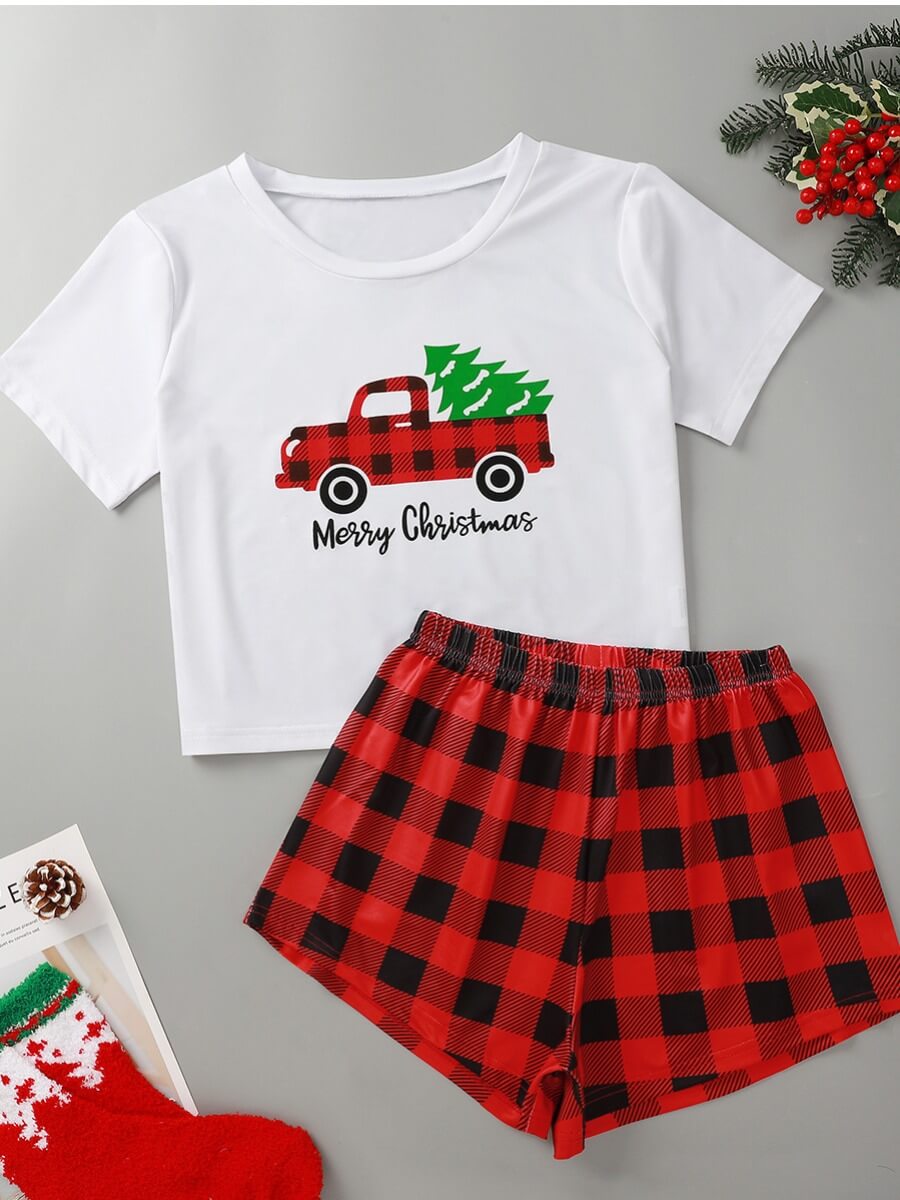 

Lovely Trendy Christmas Day Plaid Print Red Sleepwear