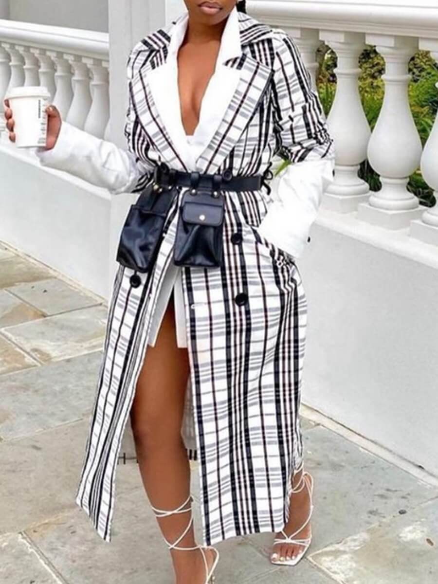 

Lovely Casual Plaid Print Patchwork Button Design White Trench Coat