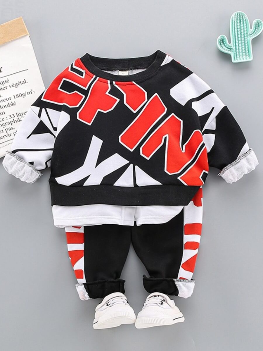 

Lovely Street Letter Print Patchwork Red Boy Two Piece Pants Set