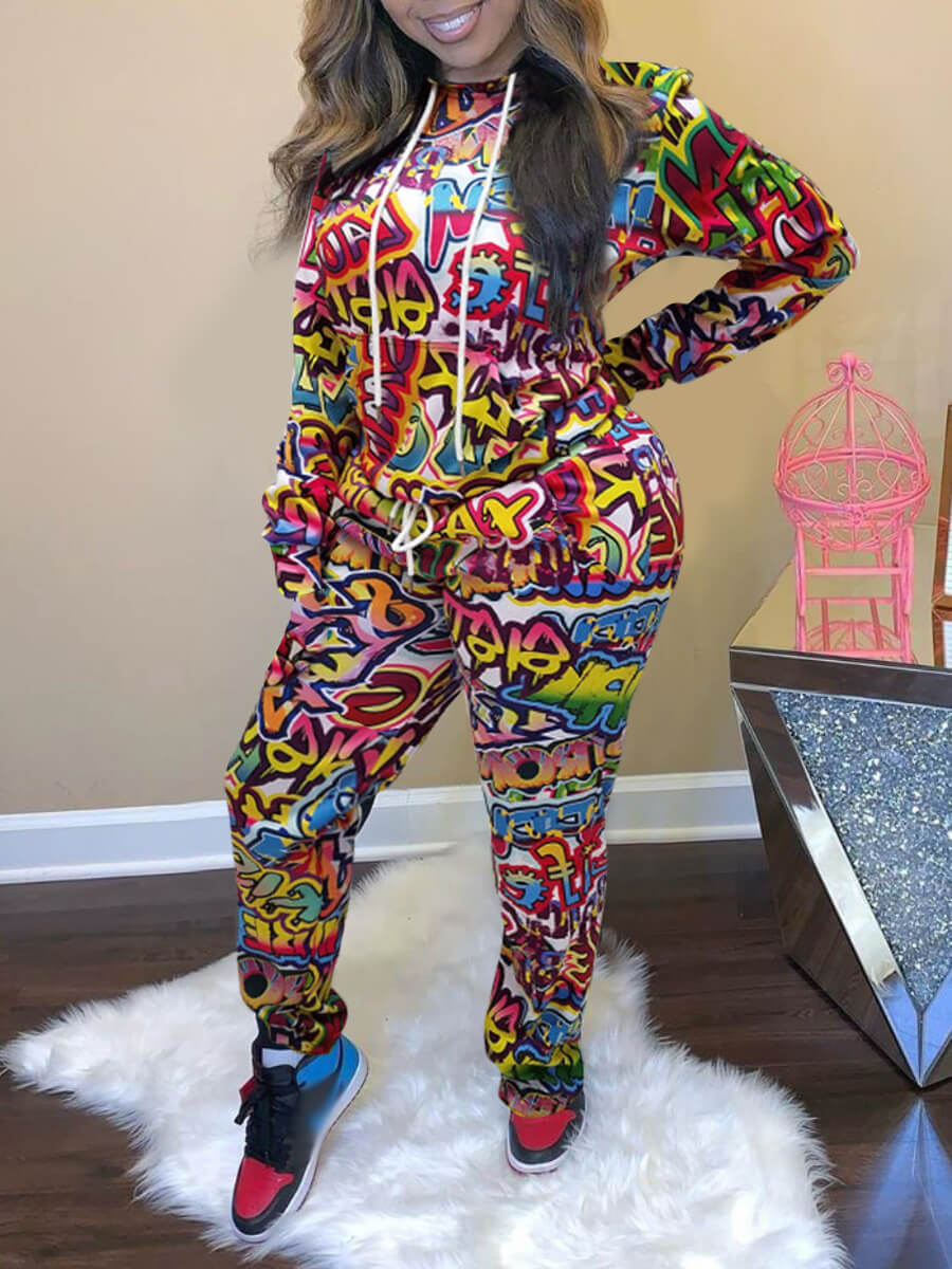 

Lovely Leisure Hooded Collar Letter Print Multicolor Two Piece Pants Set, Multi