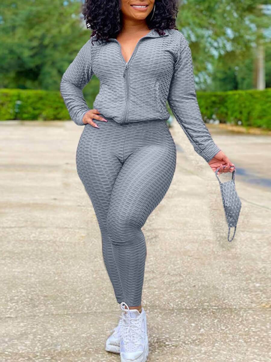 

Lovely Sportswear Turndown Collar Zipper Design Grey Two Piece Pants Set(Without Mask)