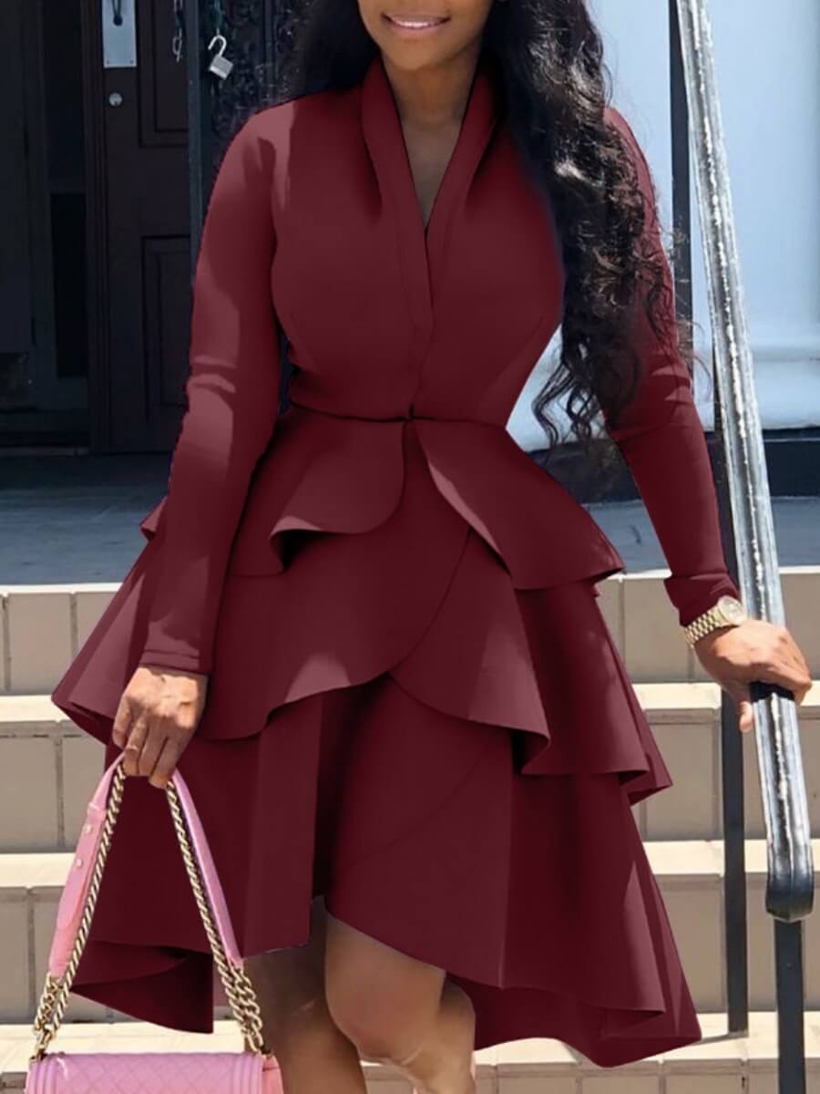 

Lovely Stylish V Neck Layered Cascading Wine Red Knee Length Dress