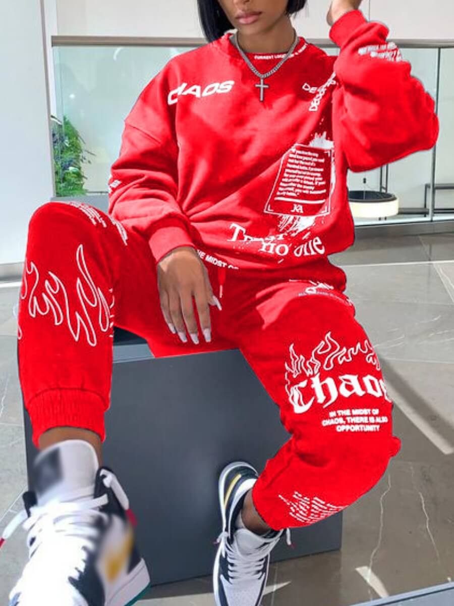 

Lovely Leisure Hooded Collar Letter Print Red Two Piece Pants Set