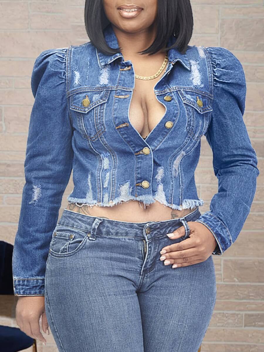 

Lovely Street Raw Edge Ruffle Design Blue Denim Jacket