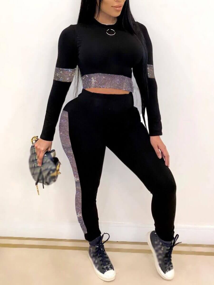 

Lovely Chic Sequined Patchwork Black Two Piece Pants Set