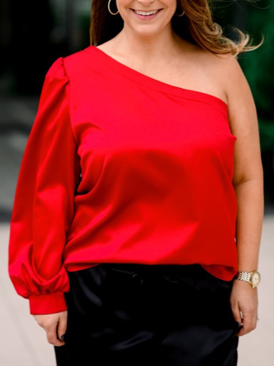 

Lovely Casual One Shoulder Puffed Sleeve Red Blouse