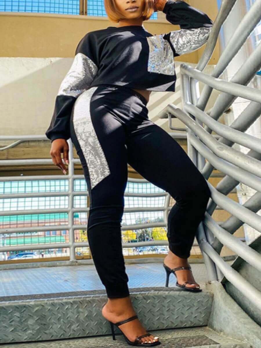 

Lovely Sportswear Dropped Shoulder Color-lump Patchwork Black Two Piece Pants Set