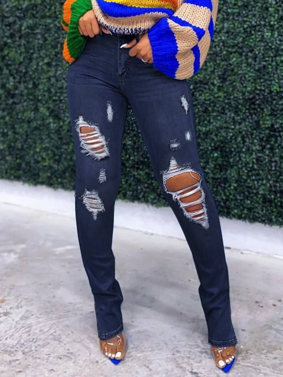 

Lovely Street Broken Holes Elastic Deep Blue Jeans