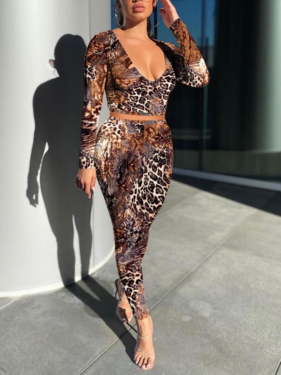 

Lovely Casual Deep V Neck Cobra Print Patchwork Two Piece Pants Set