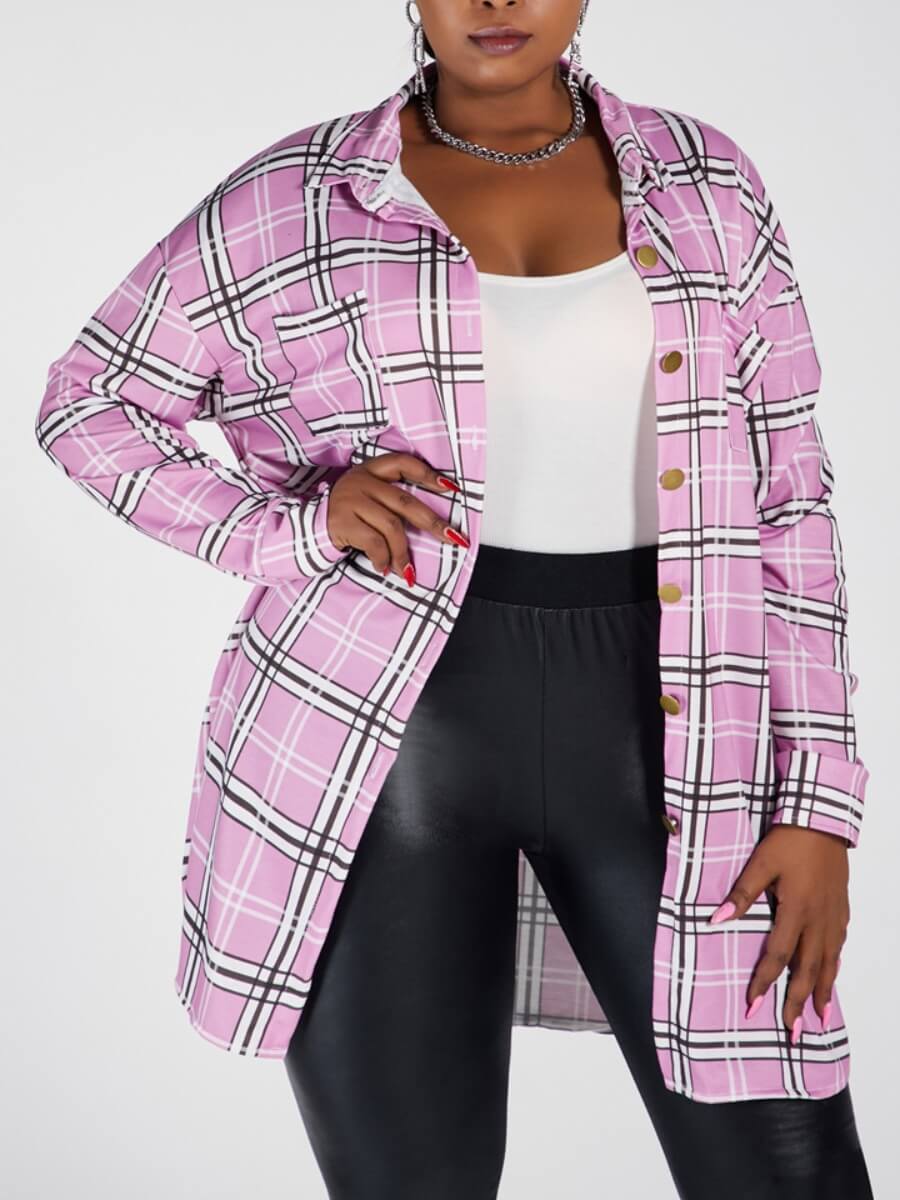 

Lovely Trendy Turndown Collar Grid Print Pink Coat