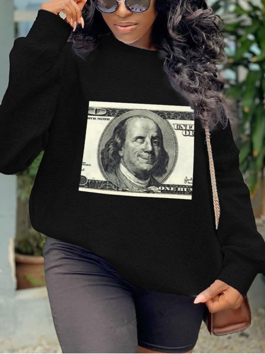 

Lovely Casual O Neck Money Print Black Plus Size Hoodie