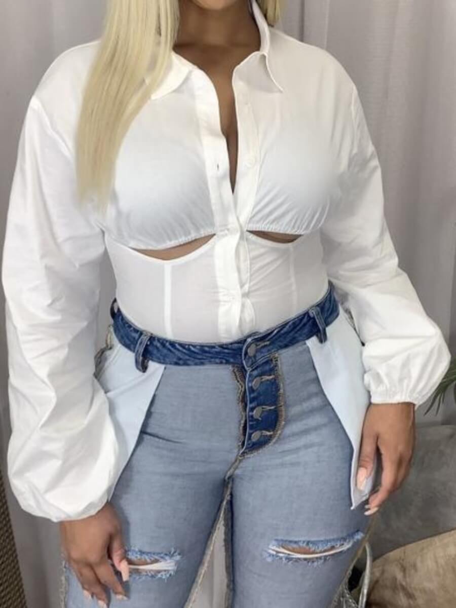 

Lovely Street Turndown Collar Hollow-out White Blouse