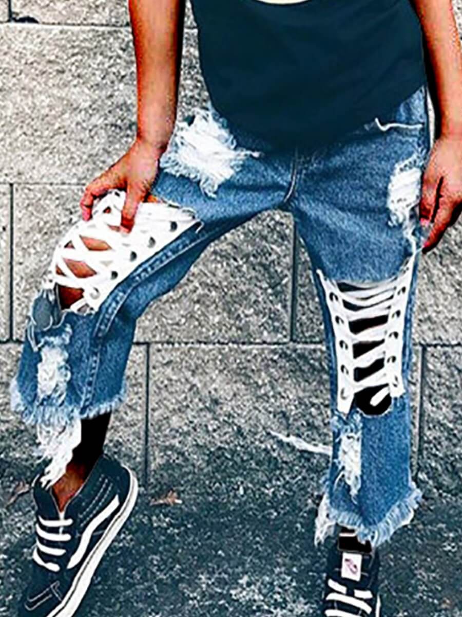

Lovely Casual Raw Edge Bandage Hollow-out Design Blue Girl Jeans