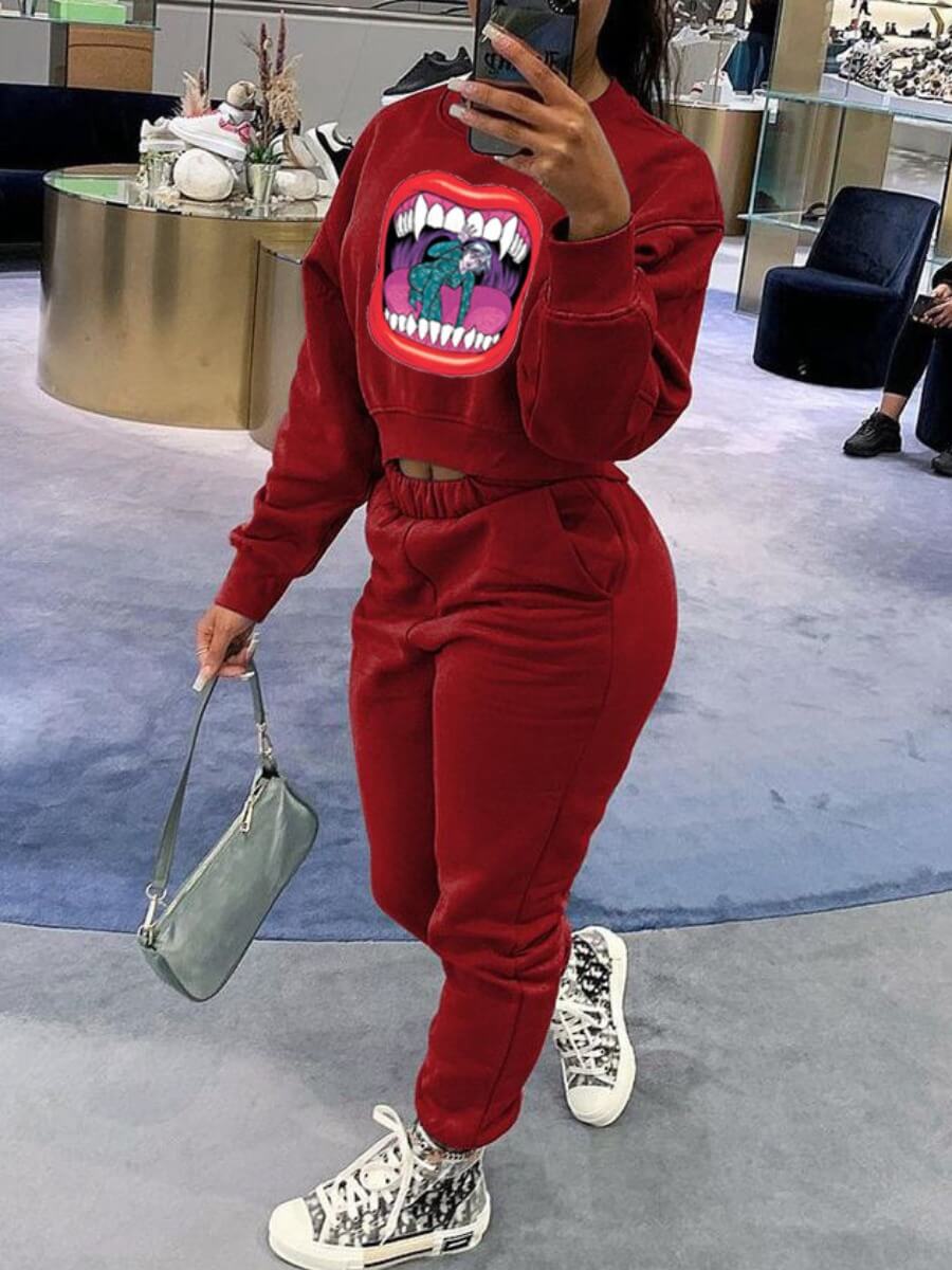 

Lovely Casual Lip Print Red Two Piece Pants Set