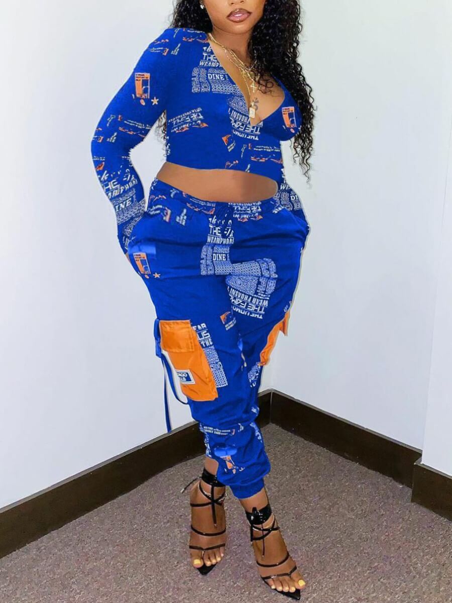 

Lovely Street Letter Print Side Pocket Blue Two Piece Pants Set