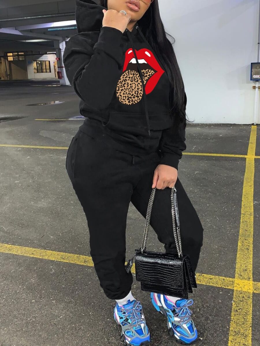 

Lovely Casual Lip Print Black Two Piece Pants Set