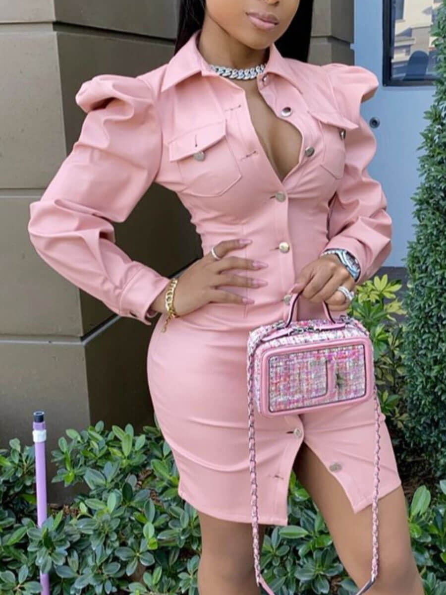 

Lovely Casual Fold Button Design Pink Mini Shirt Dress
