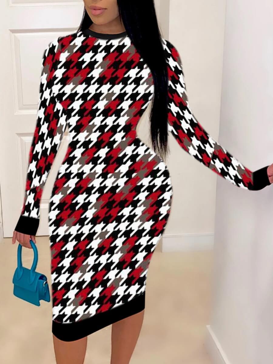 

Lovely Casual O Neck Plaid Print Red Mid Calf Dress