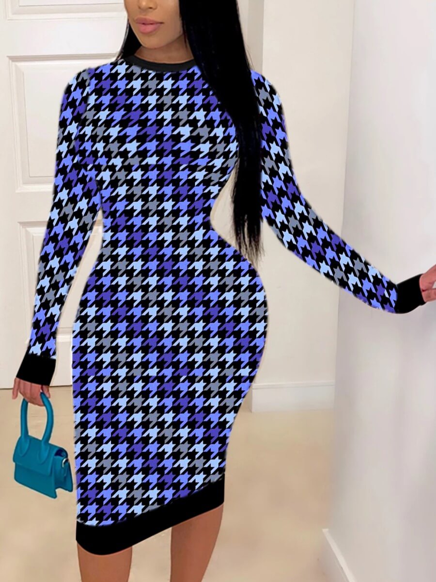 

Lovely Casual O Neck Plaid Print Blue Mid Calf Dress