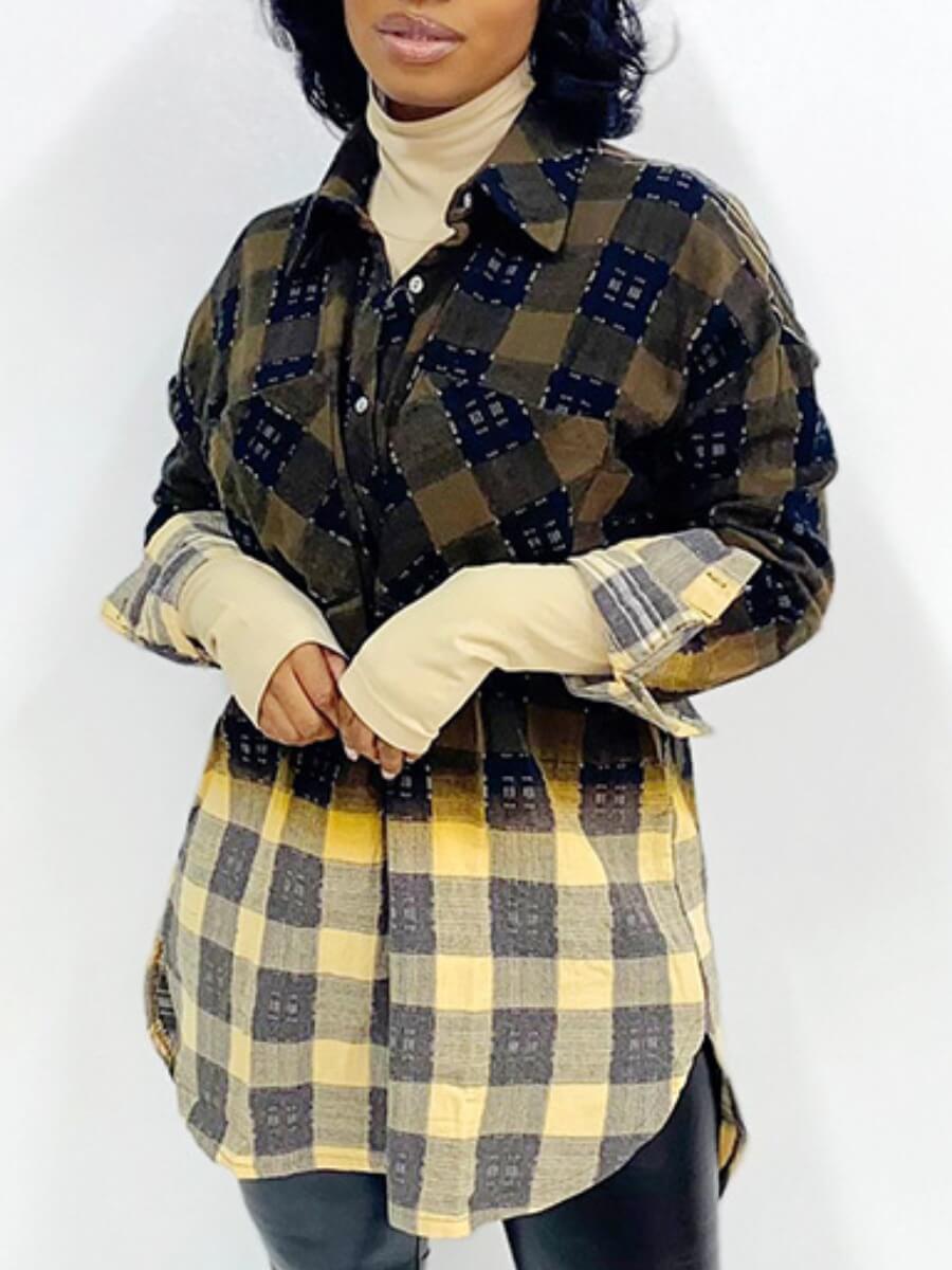 

Lovely Casual Plaid Print Patchwork Green Blouse