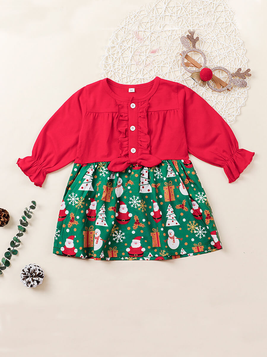 

Lovely Sweet O Neck Christmas Elements Print Red Knee Length Dress