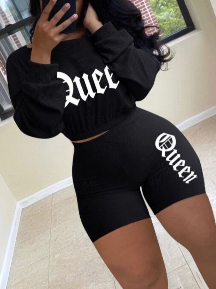 

LW Casual O Neck Letter Print Black Two Piece Shorts Set