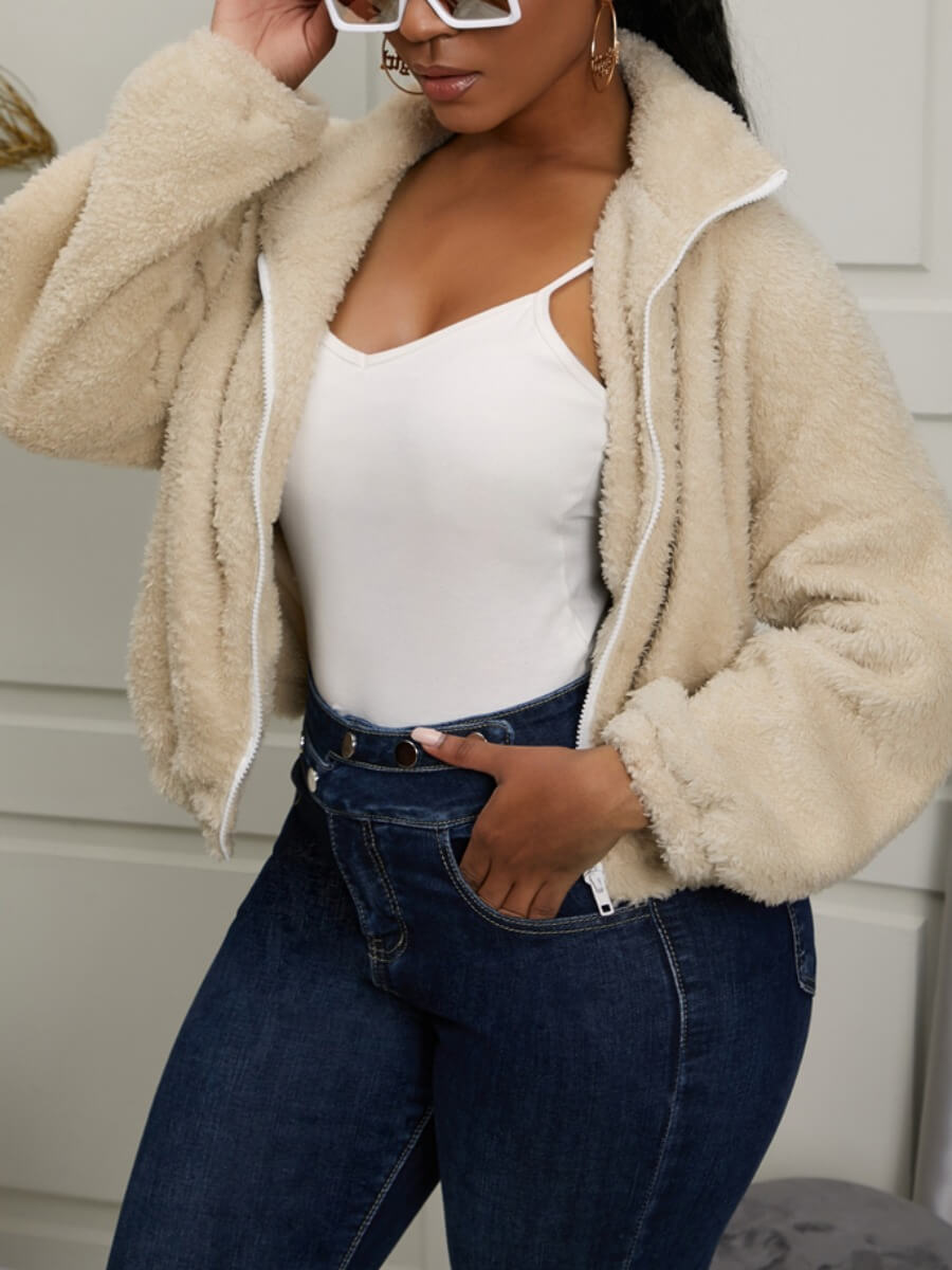 

Lovely Casual Dropped Shoulder Sleeve Zipper Design Apricot Faux Fur
