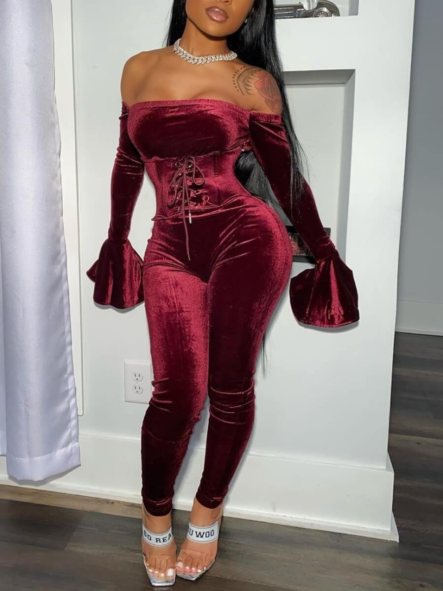 

Lovely Sexy Off The Shoulder Bandage Red One-piece Jumpsuit