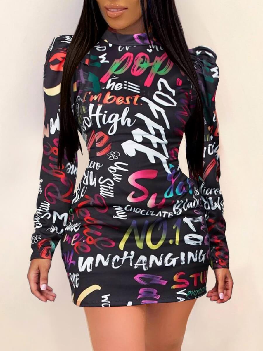 

Lovely Casual Turtleneck Graffiti Letter Print Black Mini Dress