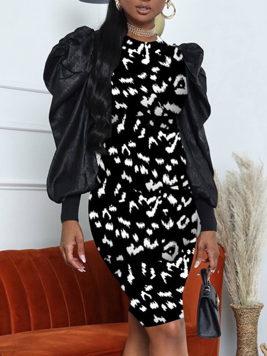 

Lovely Casual O Neck Leopard Print Patchwork Black Knee Length Dress