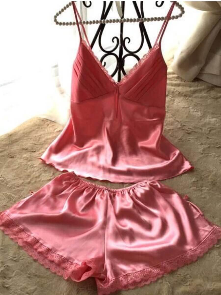 

Lovely V Neck Lace Patchwork Pink Sleepwear