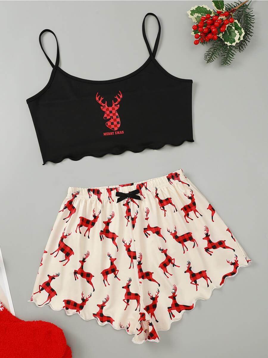 

Lovely Casual Spaghetti Strap Print Black Sleepwear
