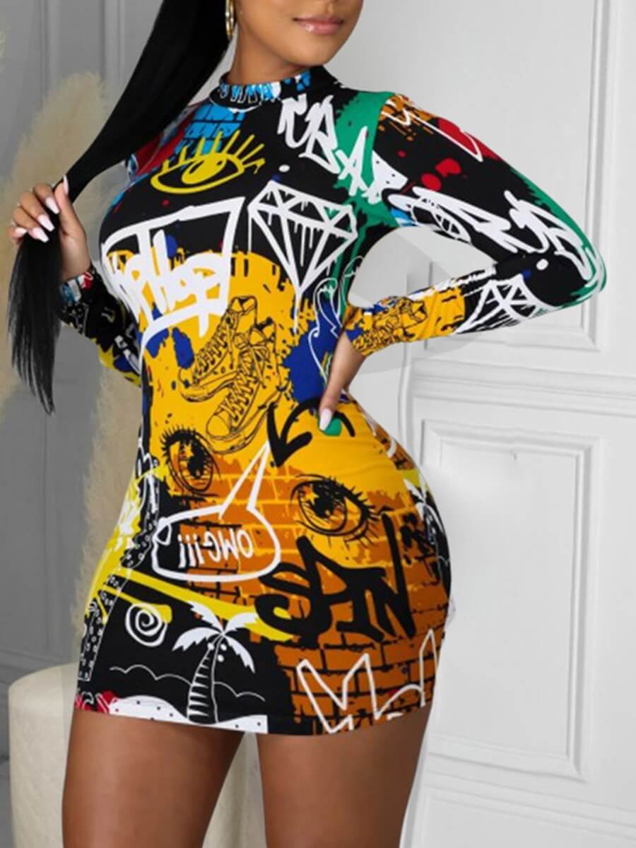 

Lovely Casual Long Sleeve Print Multicolor Mini Plus Size Dress, Multi