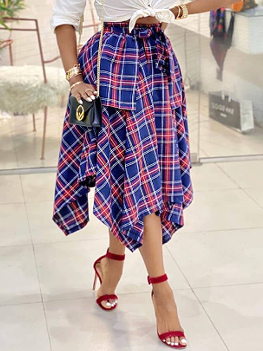 

LW Casual Plaid Print Asymmetrical Blue Mid Calf Skirt