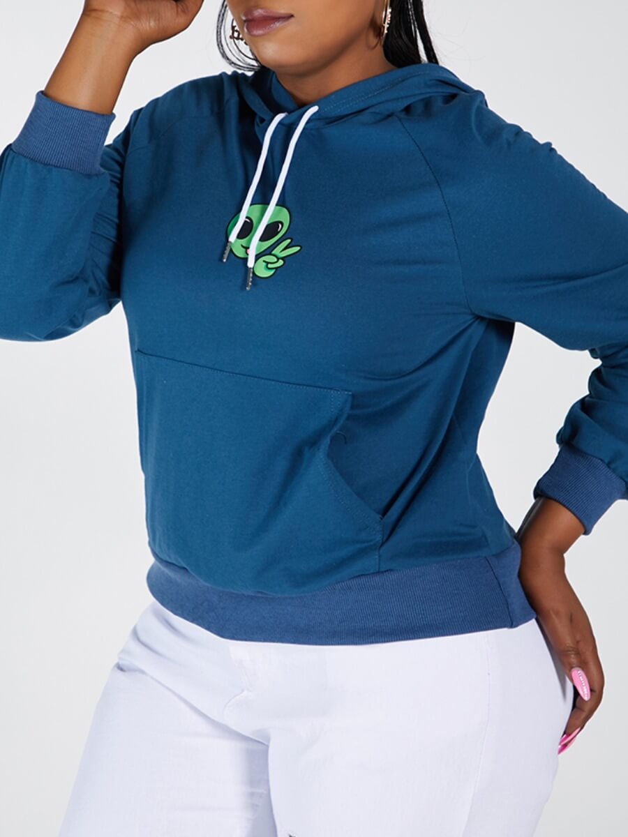 

Lovely Casual Hooded Collar Print Navy Blue Plus Size Hoodie