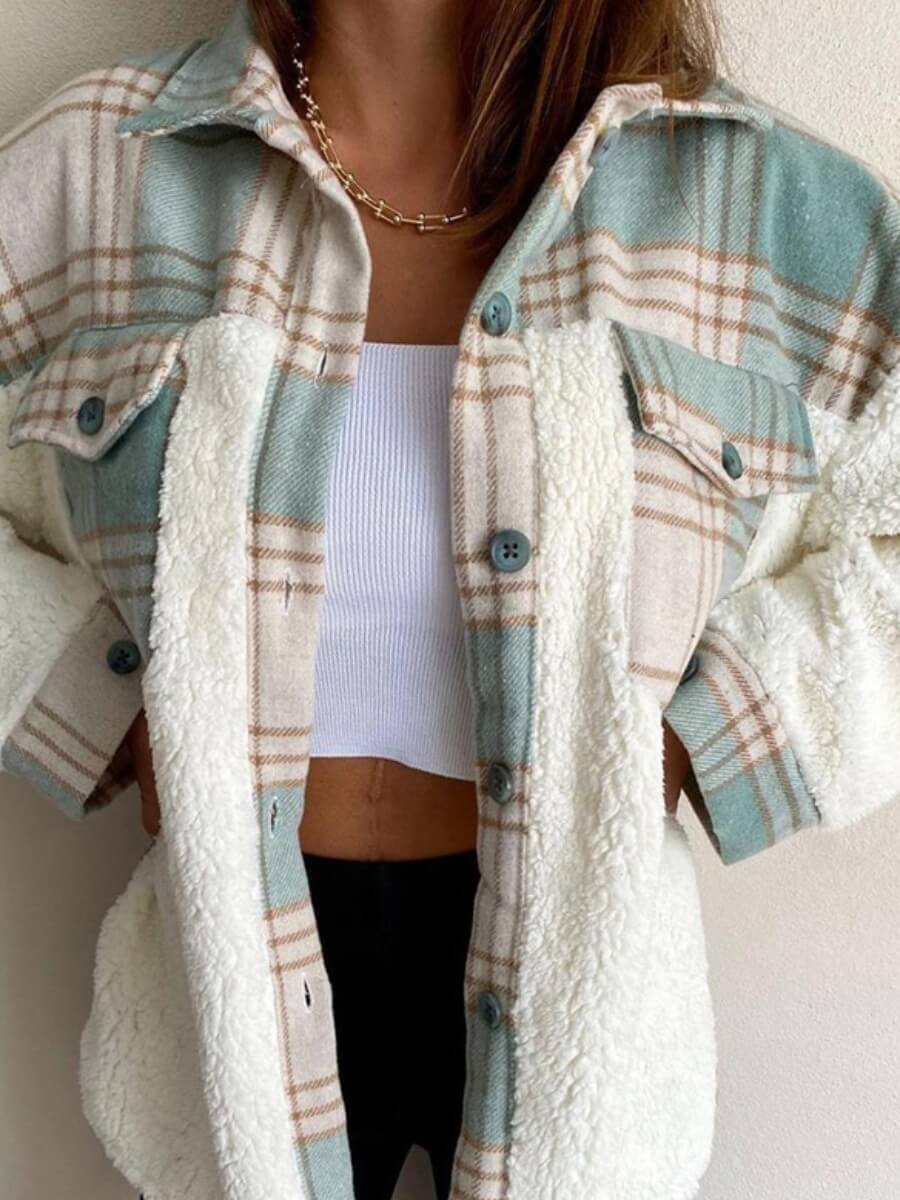 

Lovely Casual Dropped Shoulder Sleeve Plaid Stitching Green Faux Fur