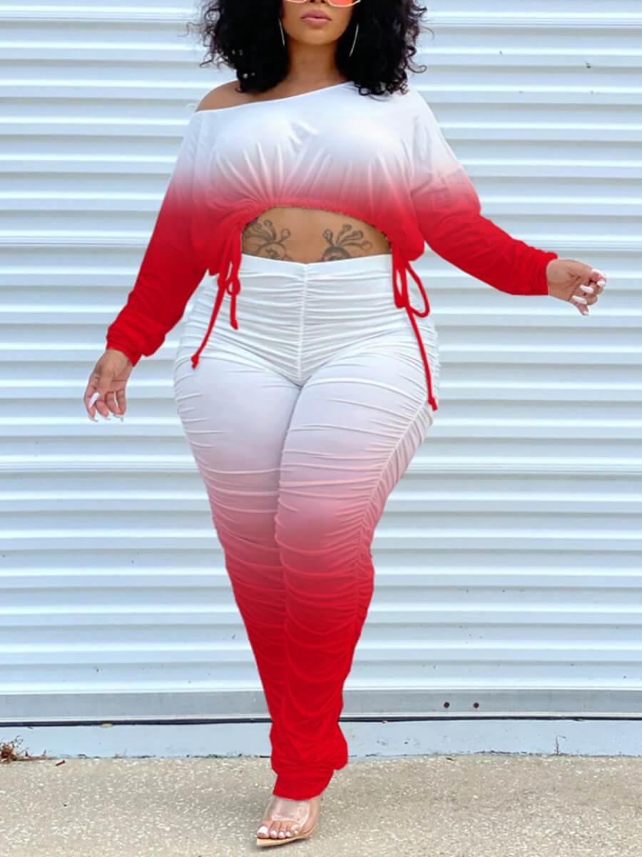 

Lovely Casual Gradient Print Stitching Red Plus Size Two-piece Pants Set