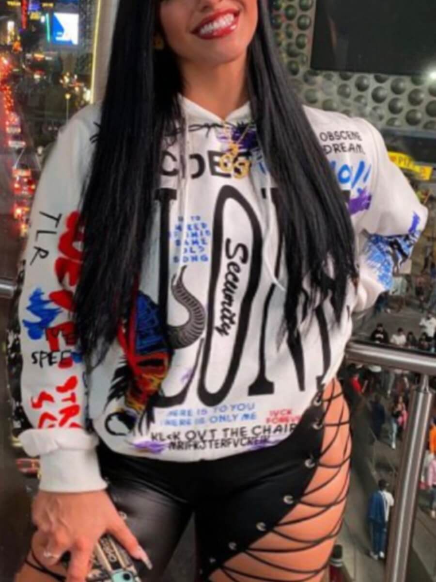 

Lovely Casual Hooded Collar Patchwork Letter Print White Plus Size Hoodie