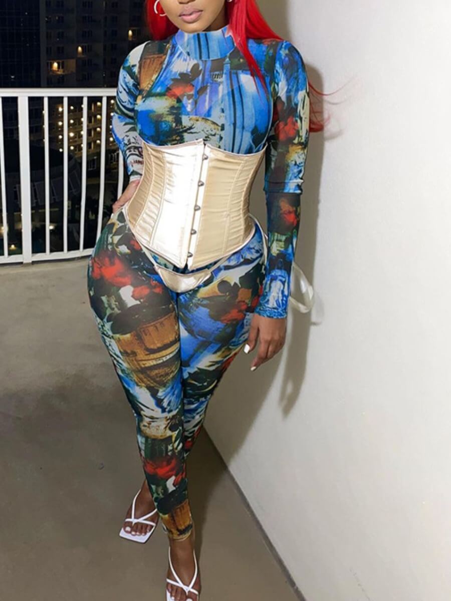 

Lovely Street Print Patchwork Blue One-piece Jumpsuit(Without Girdle