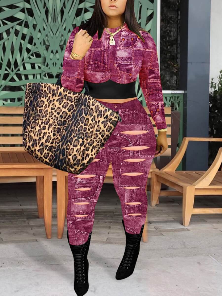 

LW Street Hollow-out Patchwork Purple Two Piece Pants Set