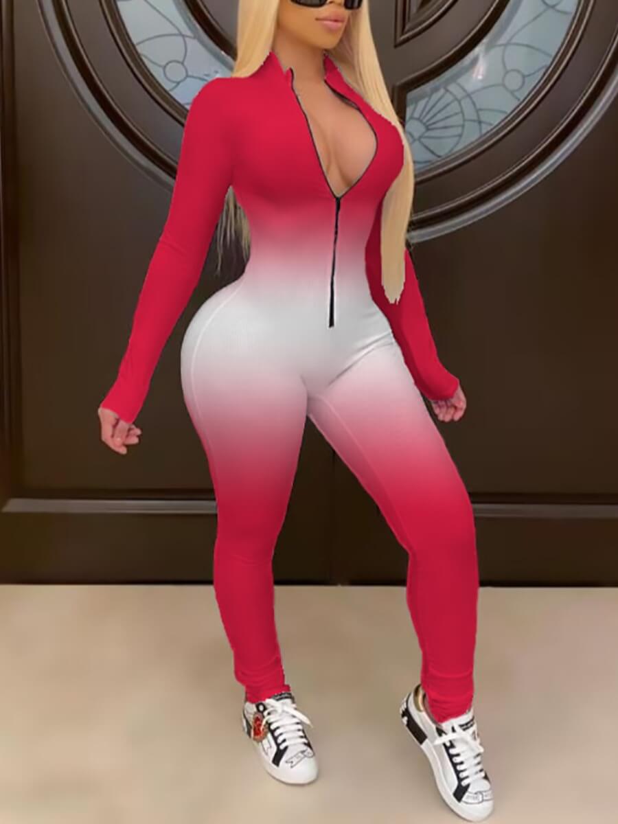 

LW BASICS Casual Gradient Zipper Design Red One-piece Jumpsuit